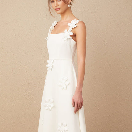 Annunziata White Midi Dress Square Neck Faux Flower Pattern Polyester Spandex Elegant Sophisticated Glamour