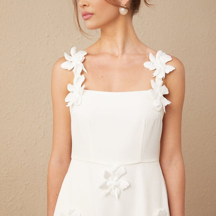 Annunziata White Square Neck Faux Flower Pattern Midi Dress Polyester Spandex Rear Zip Fastening Partial Lining