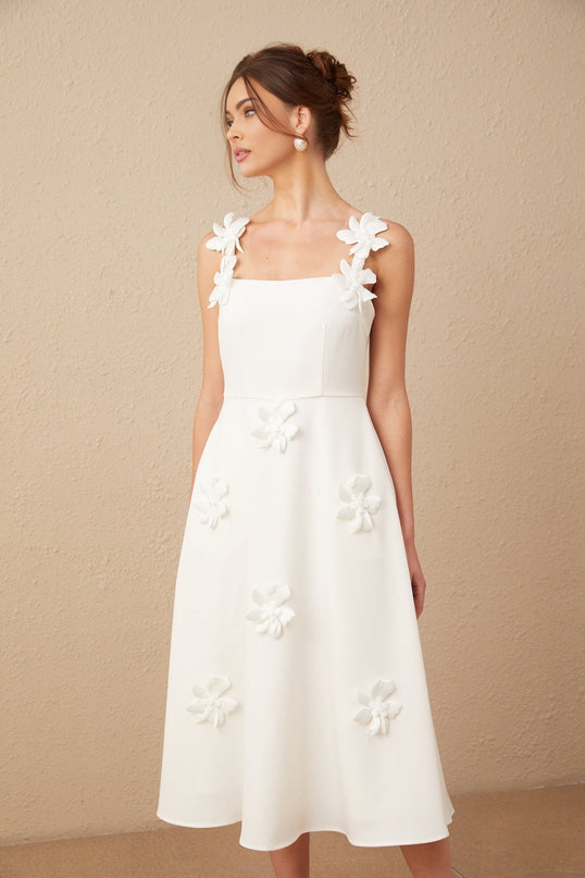 Annunziata White Midi Dress Square Neck Faux Flower Pattern Polyester Spandex Rear Zip Fastening Partial Lining