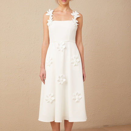 Annunziata White Square Neck Faux Flower Pattern Midi Dress