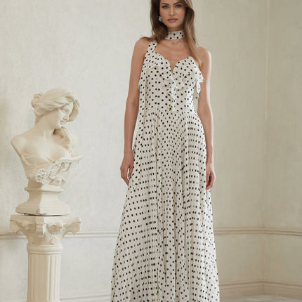 Antonella White Black Maxi Dress Scoop Neck Spaghetti Straps Polka-dot Print Ruffled Trim Pleated Skirt Terylene Fiber Special Occasions