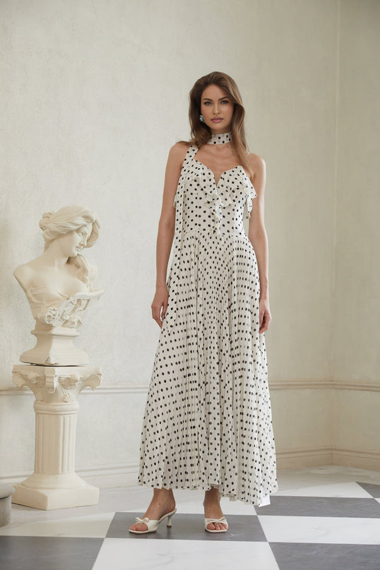 Antonella White Black Maxi Dress Scoop Neck Spaghetti Straps Polka-dot Print Ruffled Trim Pleated Skirt Terylene Fiber Special Occasions