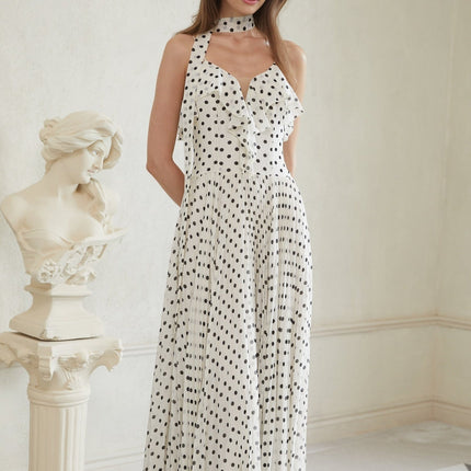 Antonella White Black Maxi Dress Scoop Neck Spaghetti Straps Polka Dot Print Ruffled Trim Pleated Skirt Terylene Fiber Special Occasions