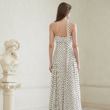 Antonella White Black Maxi Dress Scoop Neck Spaghetti Straps Polka Dot Print Ruffled Trim Pleated Skirt Terylene Fiber Special Occasions