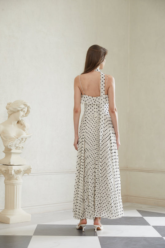 Antonella White Black Maxi Dress Scoop Neck Spaghetti Straps Polka Dot Print Ruffled Trim Pleated Skirt Terylene Fiber Special Occasions