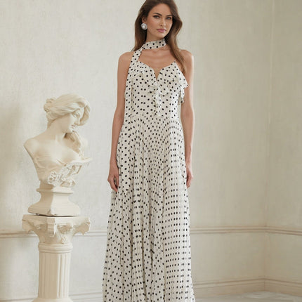 Antonella White Black Maxi Dress Scoop Neck Spaghetti Straps Polka-dot Ruffled Trim Pleated Skirt Terylene Fiber
