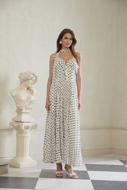 Antonella White Black Maxi Dress Scoop Neck Spaghetti Straps Polka-dot Ruffled Trim Pleated Skirt Terylene Fiber