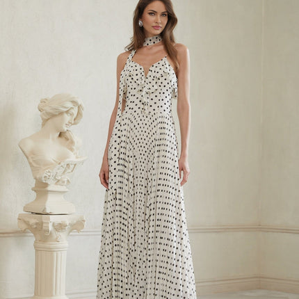 Antonella White Black Maxi Dress Scoop Neck Spaghetti Straps Polka-dot Print Ruffled Trim Pleated Skirt Terylene Fiber Special Occasions