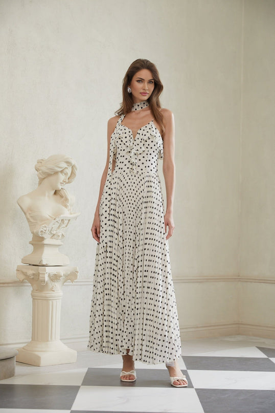 Antonella White Black Maxi Dress Scoop Neck Spaghetti Straps Polka-dot Print Ruffled Trim Pleated Skirt Terylene Fiber Special Occasions