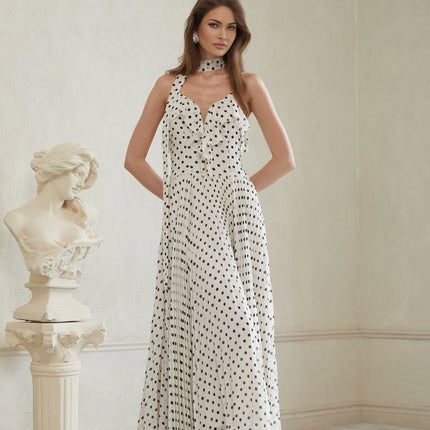 Antonella White Black Maxi Dress Scoop Neck Spaghetti Straps Polka-dot Print Ruffled Trim Pleated Skirt Terylene Fiber Special Occasions