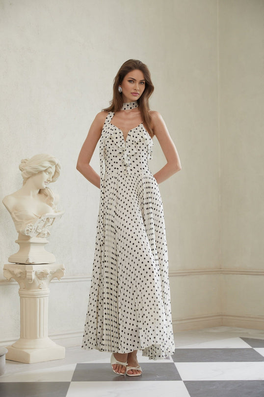 Antonella White Black Maxi Dress Scoop Neck Spaghetti Straps Polka-dot Print Ruffled Trim Pleated Skirt Terylene Fiber Special Occasions