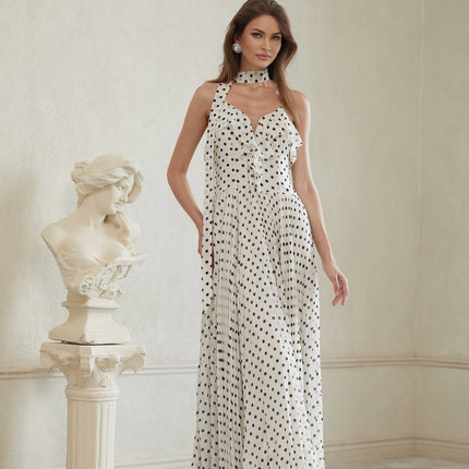 Antonella White Black Maxi Dress Scoop Neck Spaghetti Straps Polka Dot Print Ruffled Trim Pleated Skirt Fitted Waistline Terylene Fiber Elegant Feminine Charm