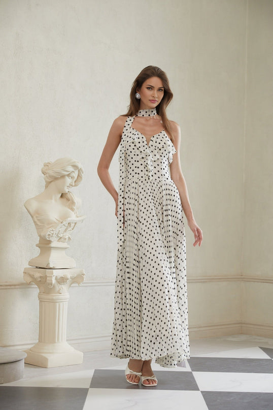 Antonella White Black Maxi Dress Scoop Neck Spaghetti Straps Polka Dot Print Ruffled Trim Pleated Skirt Fitted Waistline Terylene Fiber Elegant Feminine Charm