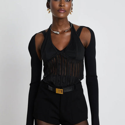 Antonia Black Mesh Panel Bustier Top with Detachable Sleeves and Thumbholes