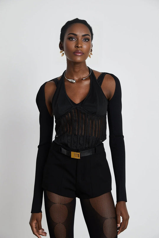 Antonia Black Mesh Panel Bustier Top with Detachable Sleeves and Thumbholes