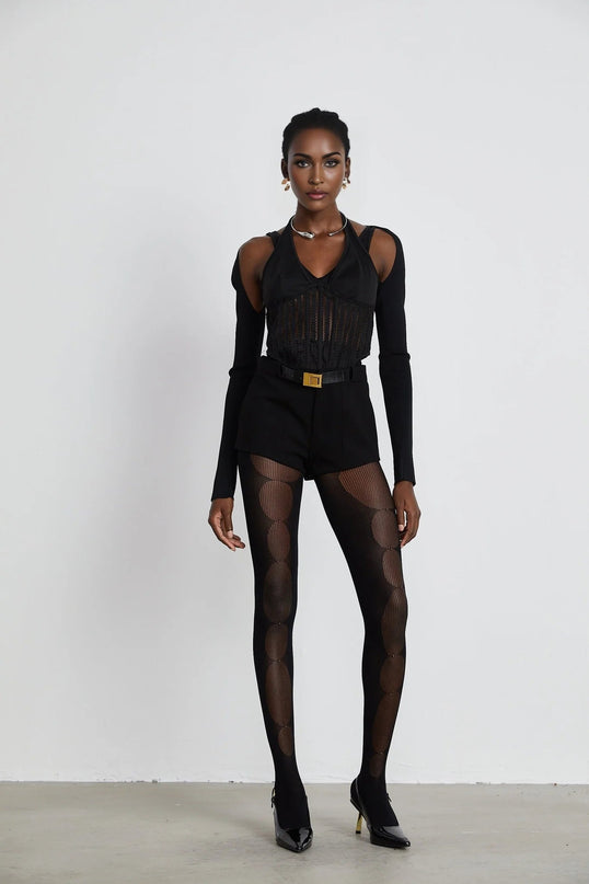 Antonia Black Mesh Panel Bustier Top with Detachable Sleeves