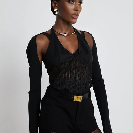 Antonia Black Mesh Panel Bustier Top with Detachable Sleeves