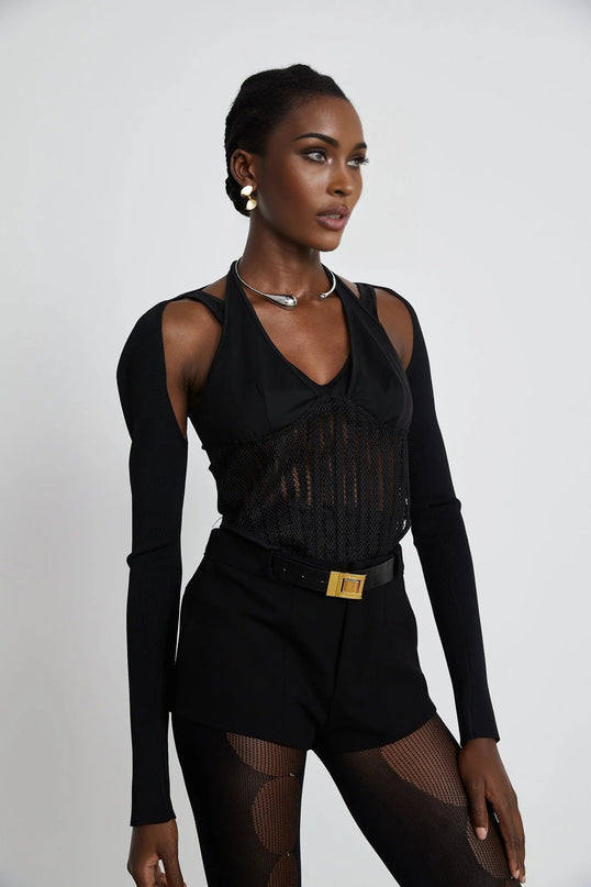 Antonia Black Mesh Panel Bustier Top with Detachable Sleeves
