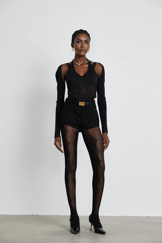 Antonia Black Mesh Panel Bustier Top with Detachable Sleeves