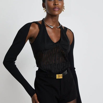 Antonia Black Mesh Panel Bustier Top with Detachable Sleeves and Thumbholes