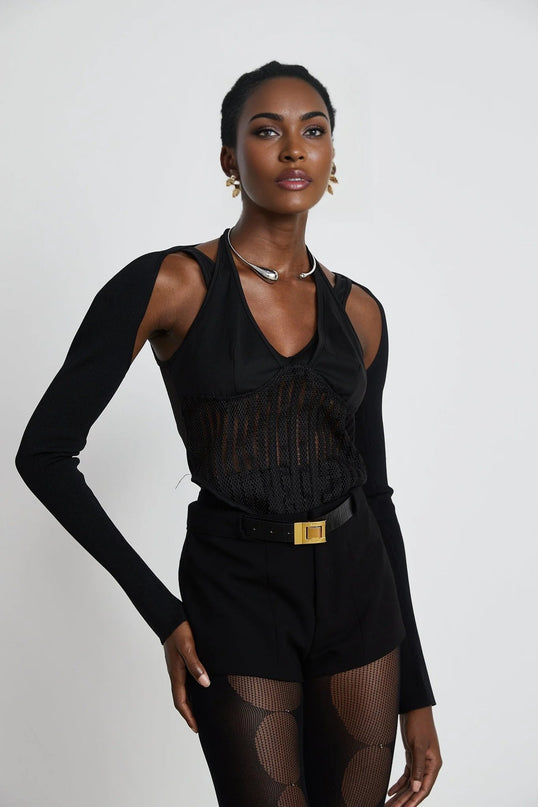 Antonia Black Mesh Panel Bustier Top with Detachable Sleeves and Thumbholes