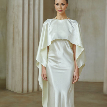 Antonia Maxi Dress in Cream White Shawl Panel Satin Open Back Cinched Waist Spaghetti Straps Maxi Length Side Zip Fastening 100% Terylene Fiber