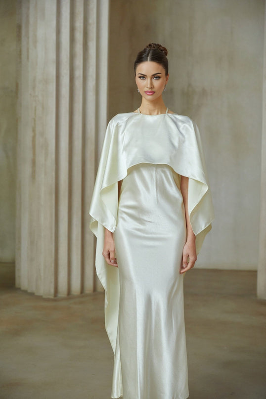 Antonia Maxi Dress in Cream White Shawl Panel Satin Open Back Cinched Waist Spaghetti Straps Maxi Length Side Zip Fastening 100% Terylene Fiber