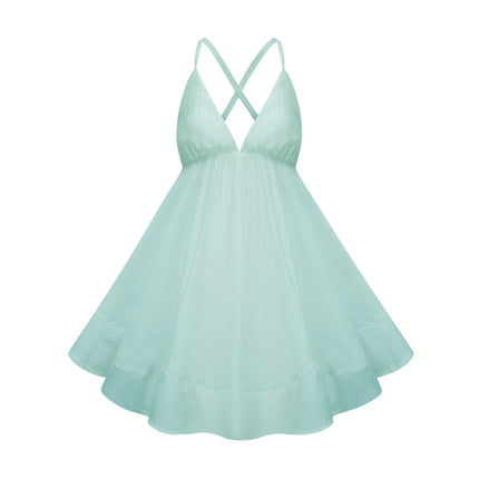 Antonia Mini Dress in lush green with plunging V-neck and sleeveless design