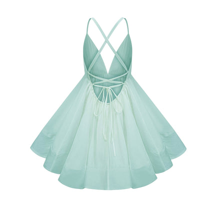 Antonia Mini Dress in Lush Green Sleeveless V-Neck Flounce Hem