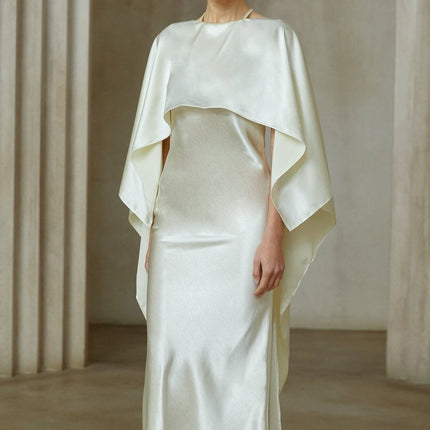 Antonia White Maxi Dress with Shawl-Panel Design in Luxurious Satin