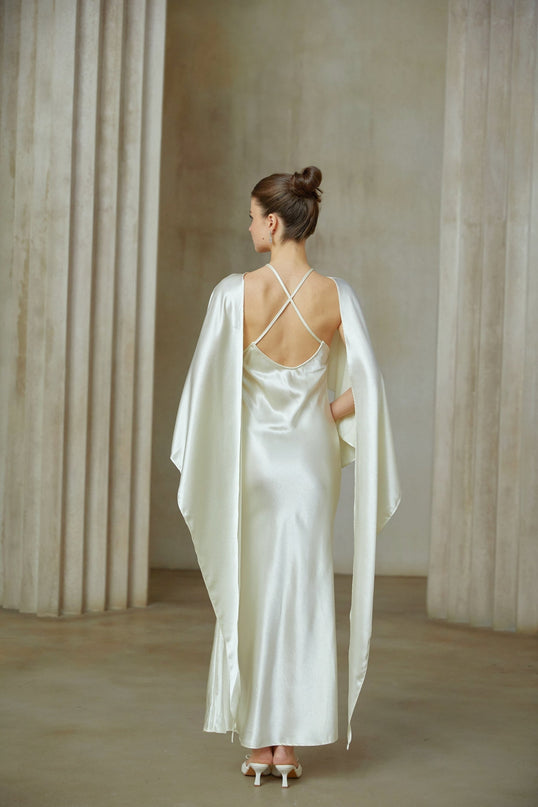 Antonia White Satin Shawl Panel Maxi Dress