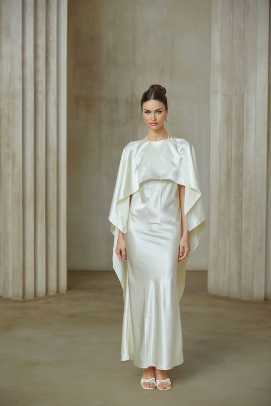 Antonia White Satin Shawl Panel Maxi Dress