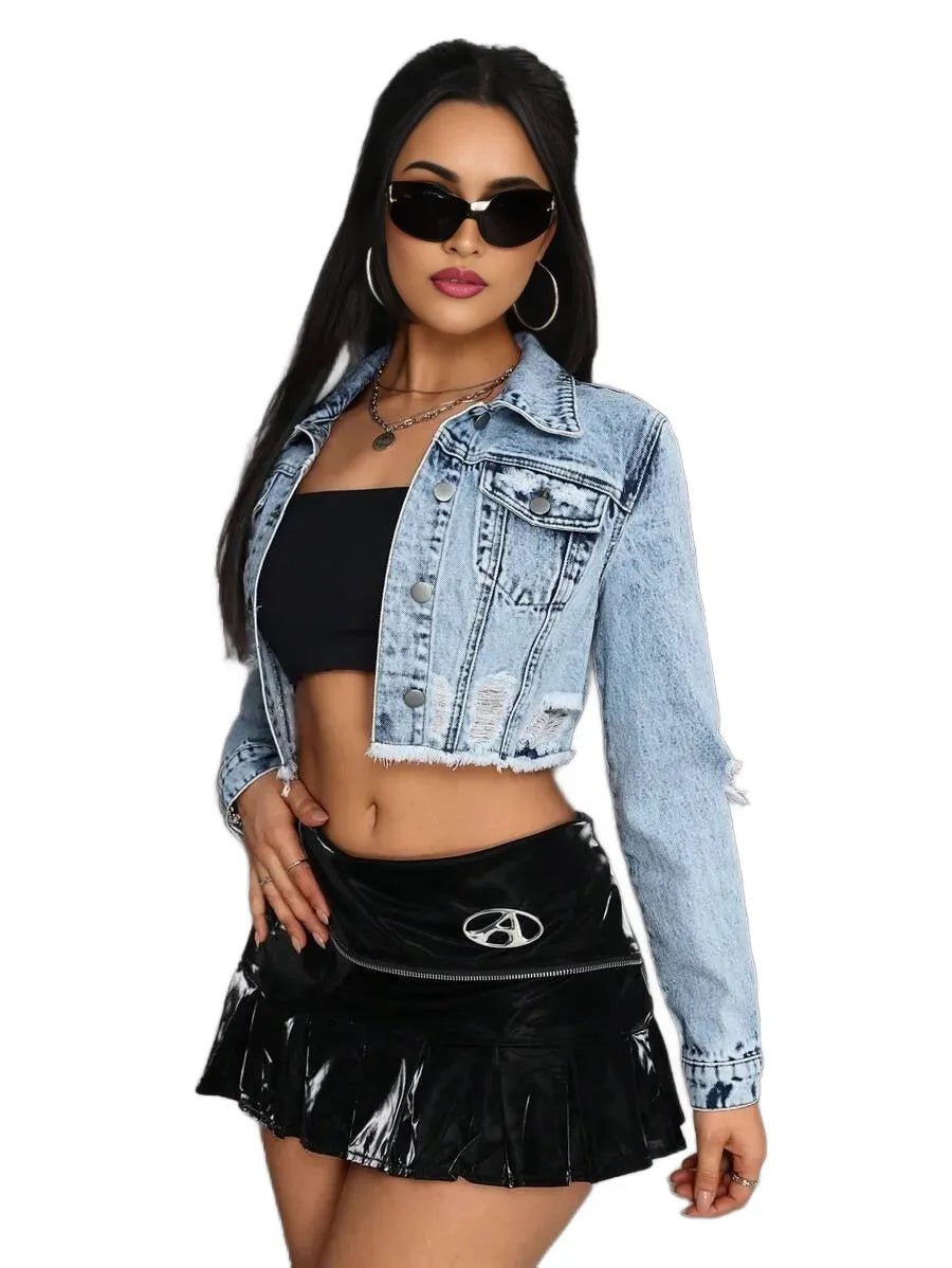 Antonietta Cropped Denim Jacket with Distressed Finish in Blue - Blue