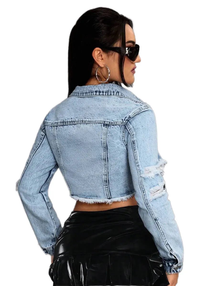 Antonietta Cropped Denim Jacket with Distressed Finish in Blue - Blue