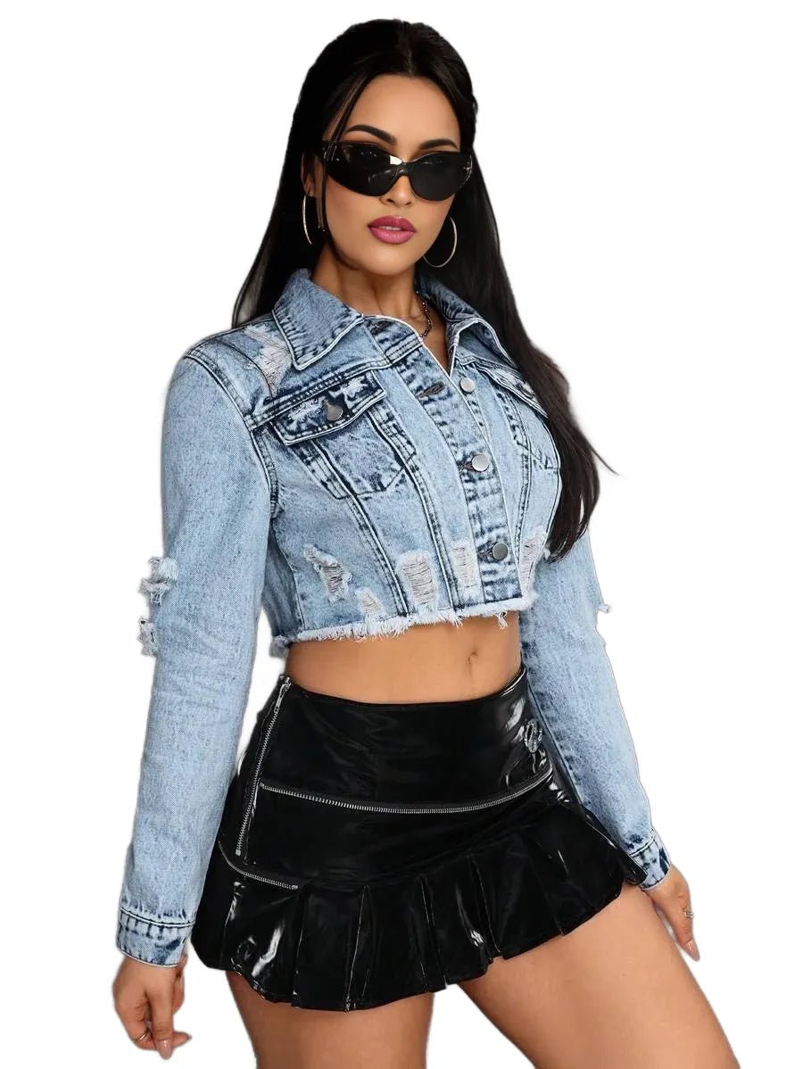Antonietta Cropped Denim Jacket with Distressed Finish in Blue - Blue
