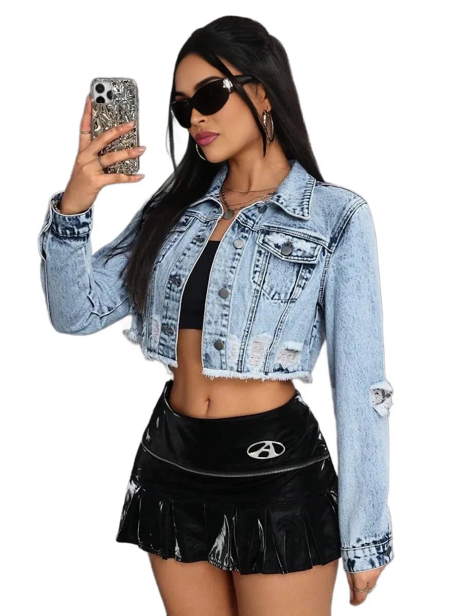 Antonietta Cropped Denim Jacket with Distressed Finish in Blue - Blue