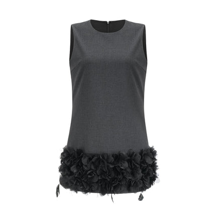 Antonietta Mini Dress in Medium Grey Wool Terylene Feather Trim Crystal Buttons
