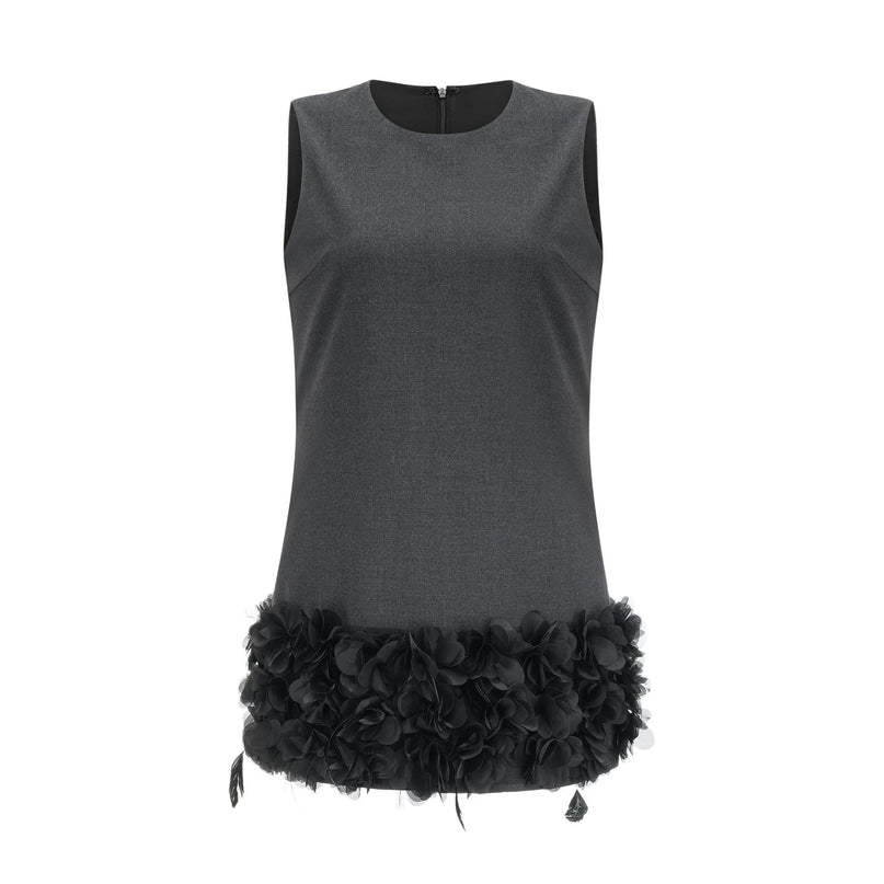 Antonietta Mini Dress in Medium Grey Wool Terylene Feather Trim Crystal Buttons