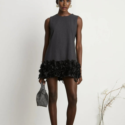 Antonietta Mini Dress in Medium Grey Wool Terylene Feather Trim Crystal Buttons