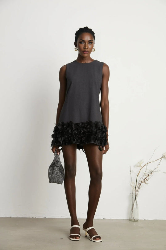 Antonietta Mini Dress in Medium Grey Wool Terylene Feather Trim Crystal Buttons