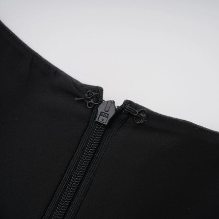 Antonietta Mini Dress in Medium Grey Wool Terylene Feather Trim Crystal Buttons Zip Fastening