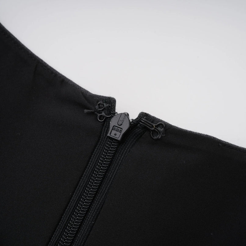 Antonietta Mini Dress in Medium Grey Wool Terylene Feather Trim Crystal Buttons Zip Fastening