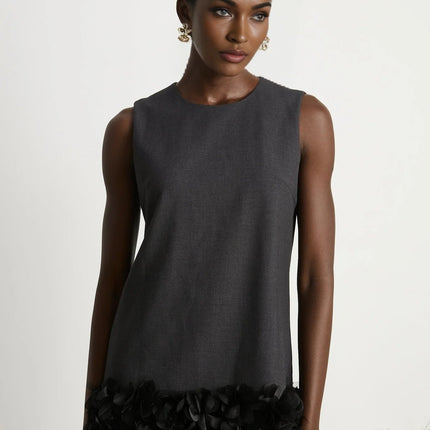 Antonietta Mini Dress in Medium Grey Wool Terylene Feather Trim Crystal Buttons Zip Fastening Straight Hem Lined Thigh Length
