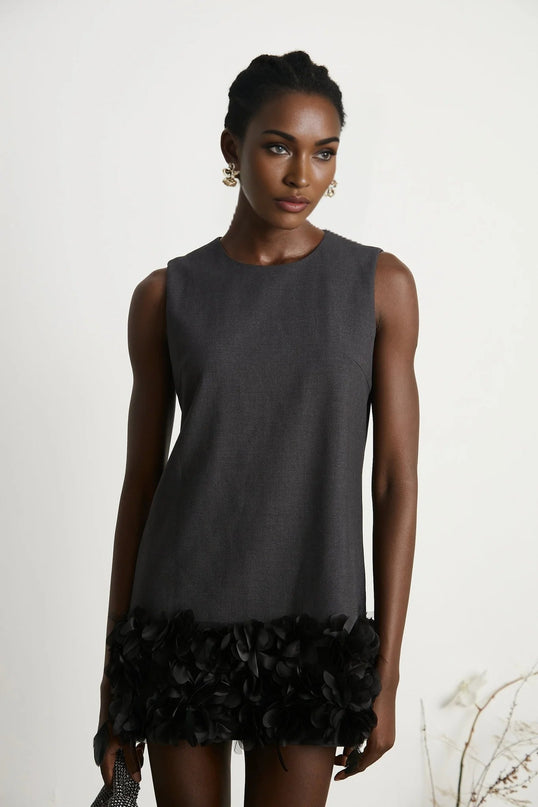 Antonietta Mini Dress in Medium Grey Wool Terylene Feather Trim Crystal Buttons Zip Fastening Straight Hem Lined Thigh Length