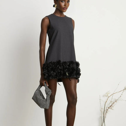 Antonietta Mini Dress in Medium Grey Wool Terylene Feather Trim Crystal Buttons Sleeveless