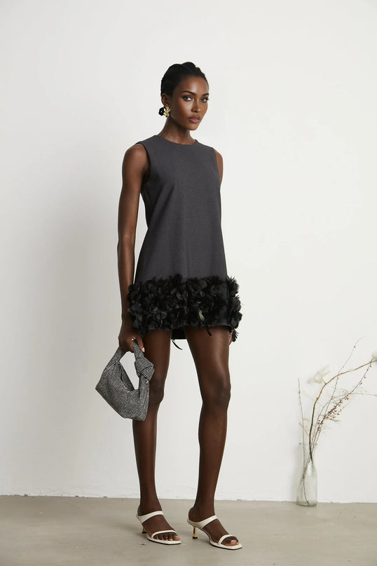 Antonietta Mini Dress in Medium Grey Wool Terylene Feather Trim Crystal Buttons Sleeveless