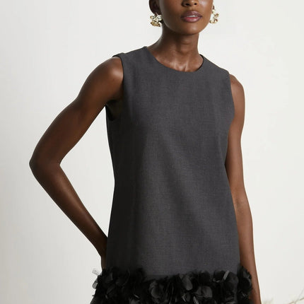 Antonietta Mini Dress in Medium Grey Wool Terylene Feather Trim Crystal Buttons Straight Hem Thigh Length