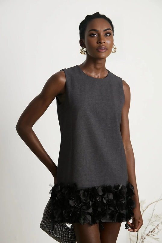 Antonietta Mini Dress in Medium Grey Wool Terylene Feather Trim Crystal Buttons Straight Hem Thigh Length