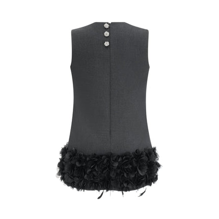 Antonietta Mini Dress in Medium Grey Wool Terylene Feather Trim Crystal Buttons Zip Fastening Straight Hem Lined Thigh Length