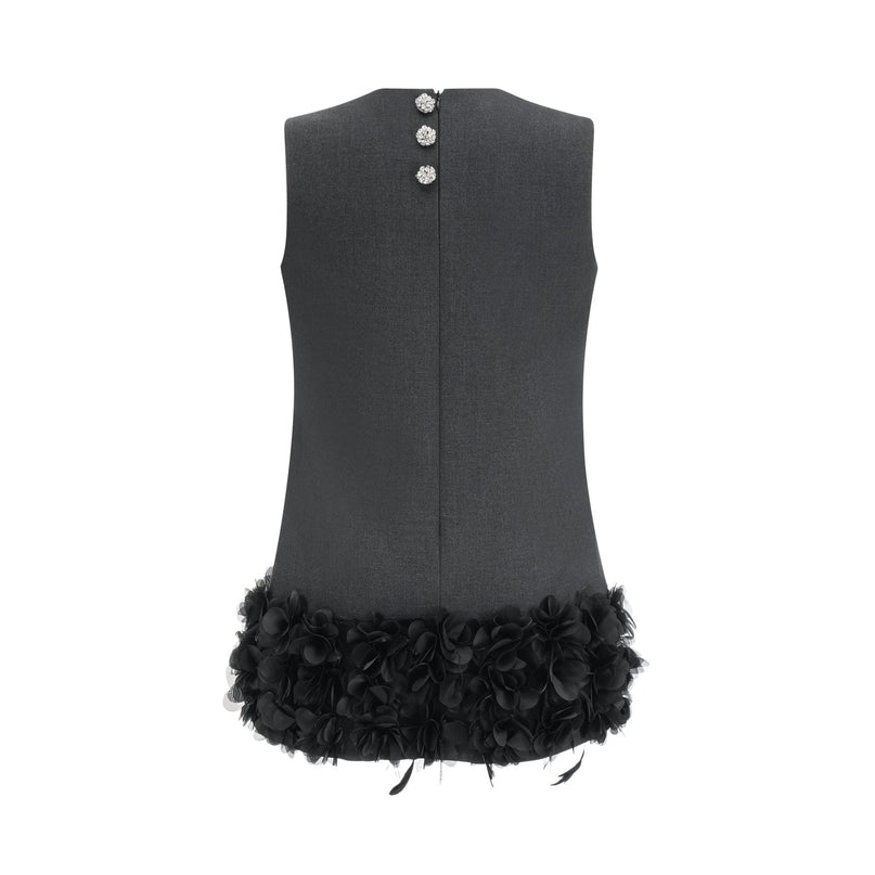 Antonietta Mini Dress in Medium Grey Wool Terylene Feather Trim Crystal Buttons Zip Fastening Straight Hem Lined Thigh Length